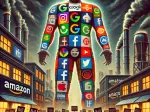 DALL·E 2024-12-13 11.54.08 &#8211; A conceptual illustration of the dominance of Big Tech corporations, showing a massive humanoid figure made of logos from companies like Google, Amazo