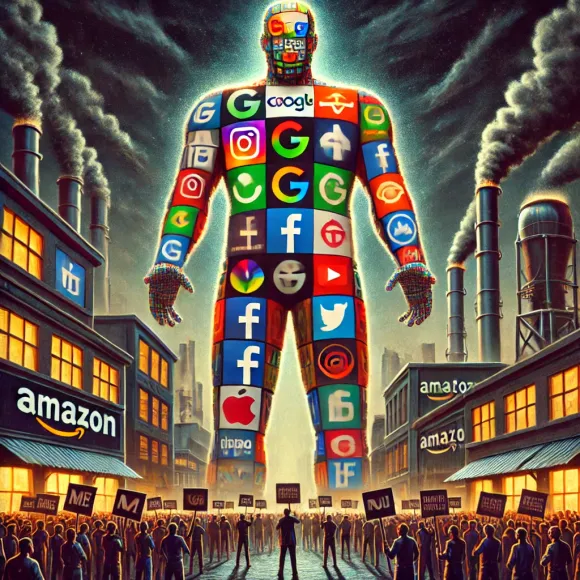 DALL·E 2024-12-13 11.54.08 &#8211; A conceptual illustration of the dominance of Big Tech corporations, showing a massive humanoid figure made of logos from companies like Google, Amazo