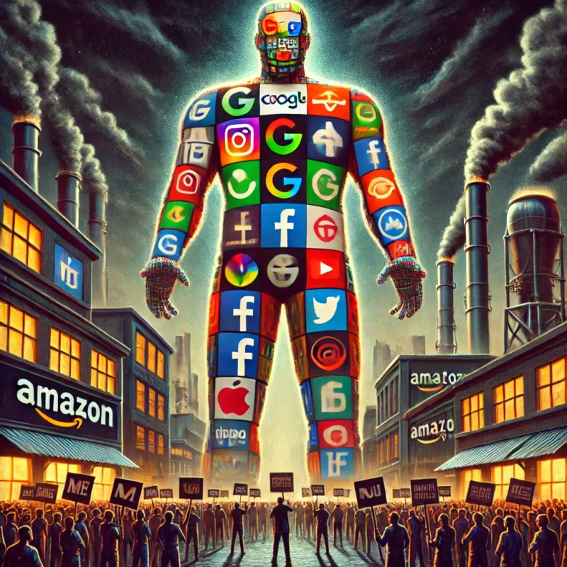 DALL·E 2024-12-13 11.54.08 &#8211; A conceptual illustration of the dominance of Big Tech corporations, showing a massive humanoid figure made of logos from companies like Google, Amazo