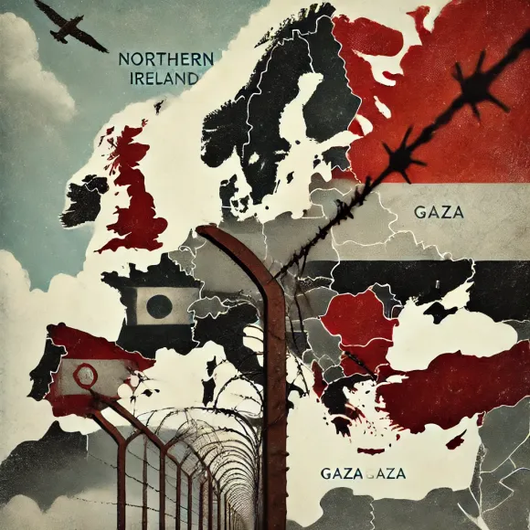 DALL·E 2025-01-08 16.03.49 &#8211; A symbolic representation of conflict and minority regions for a podcast cover. The image features a barbed wire border fence stretching diagonally ac