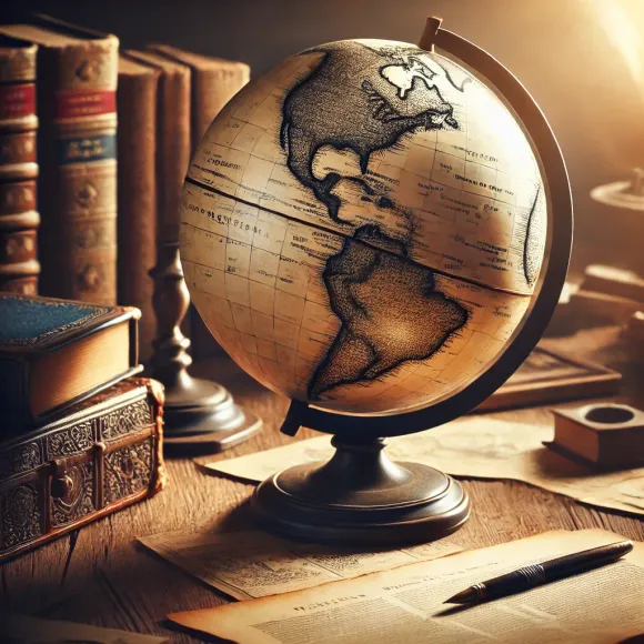 DALL·E 2025-01-10 13.53.04 &#8211; A historically styled image of an old, detailed globe from the early 20th century, placed on a wooden desk with vintage papers and books around it, sy